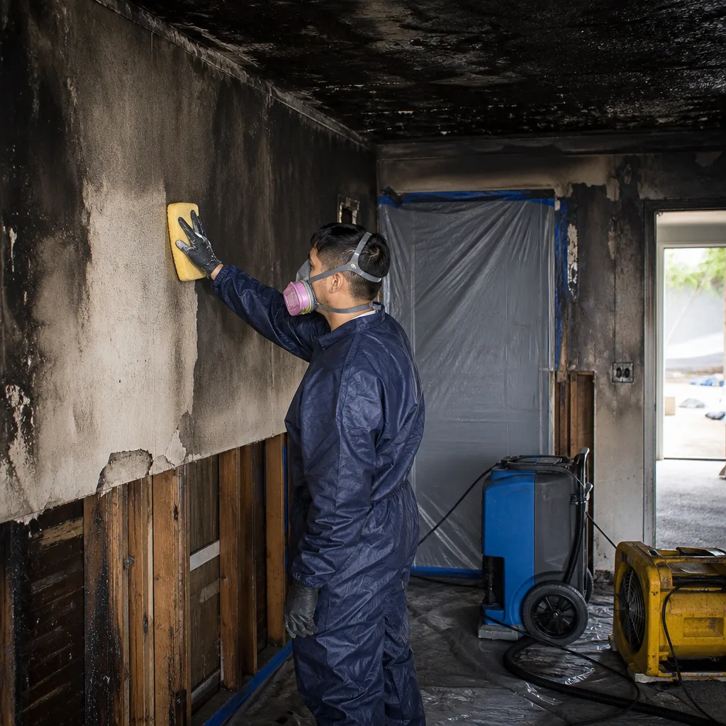 Technician in protective suit cleaning soot from fire-damaged wall with sponge