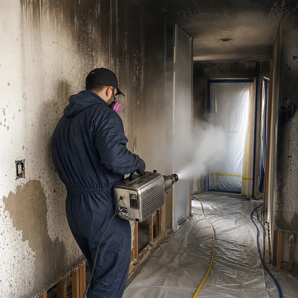 Technician performing professional fire and smoke damage restoration and odor neutralization.