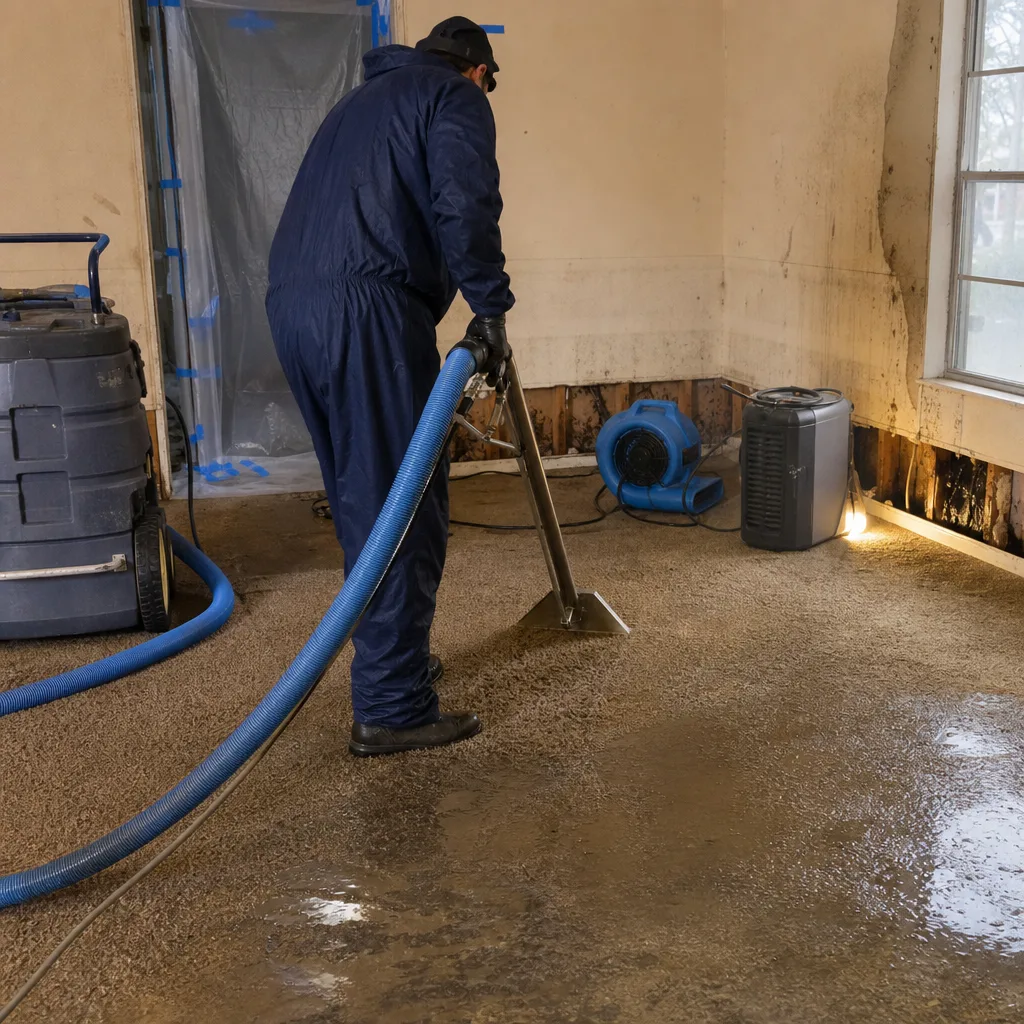 Technician using industrial water extraction equipment on flooded carpet