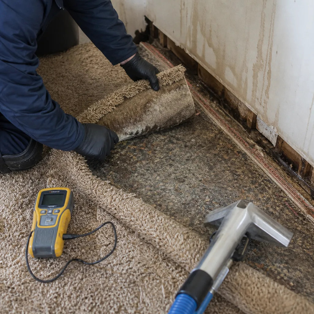 Water damage restoration technician inspecting subfloor moisture under carpet