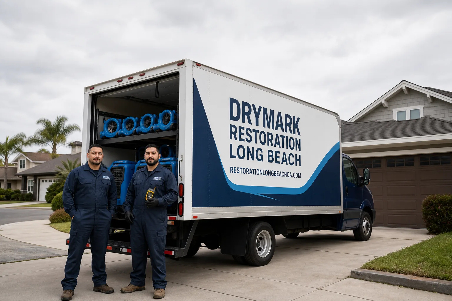 DryMark Restoration Long Beach damage restoration service vehicle and crew in Long Beach, CA